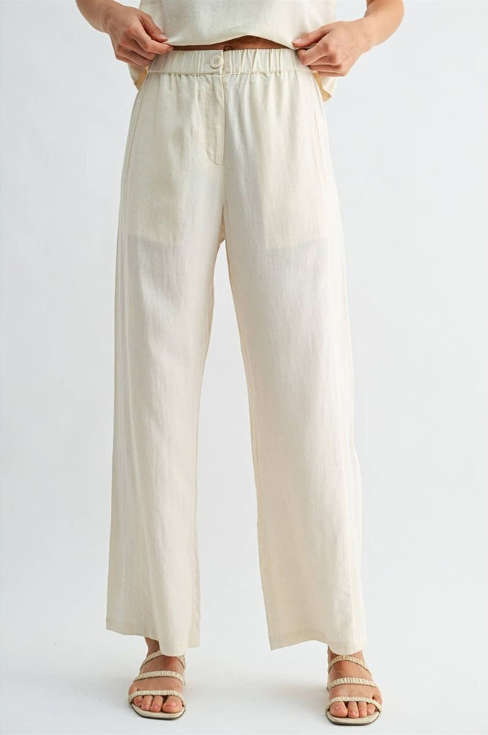 Linen Blend Elastic Waist Button Front Pants