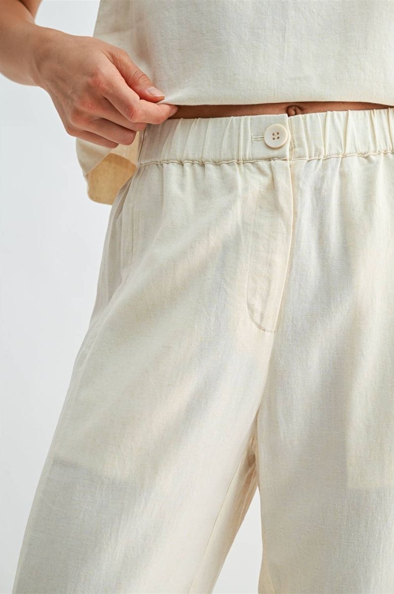 Linen Blend Elastic Waist Button Front Pants