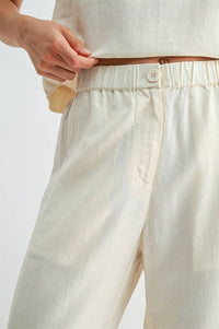 Linen Blend Elastic Waist Button Front Pants