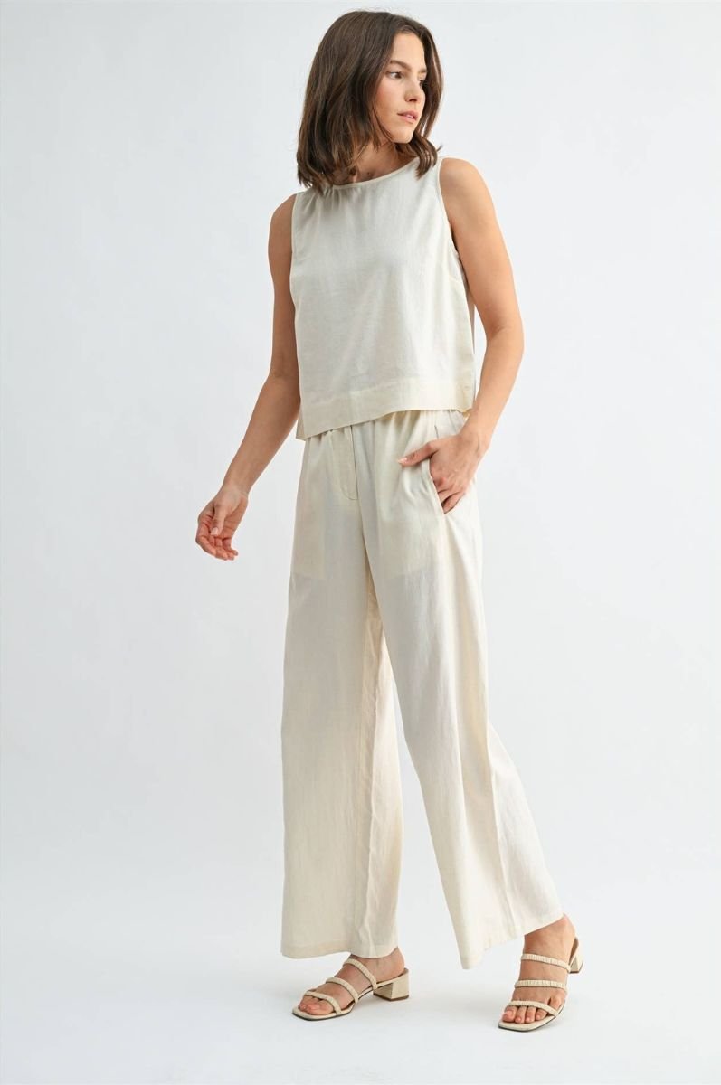 Linen Blend Elastic Waist Button Front Pants