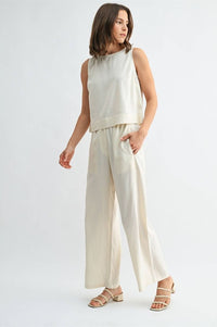 Linen Blend Elastic Waist Button Front Pants