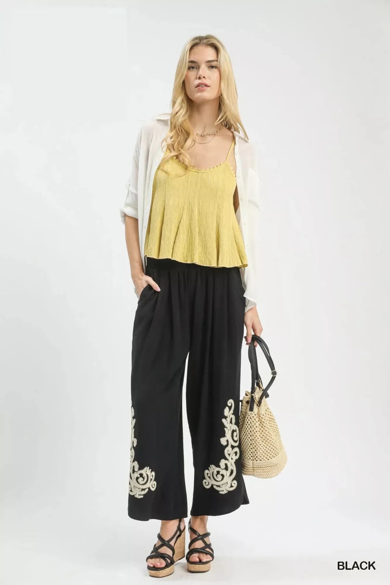 Linen Embroidered Wide - Leg Boho Pants