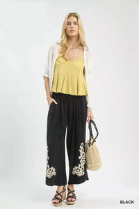 Linen Embroidered Wide - Leg Boho Pants