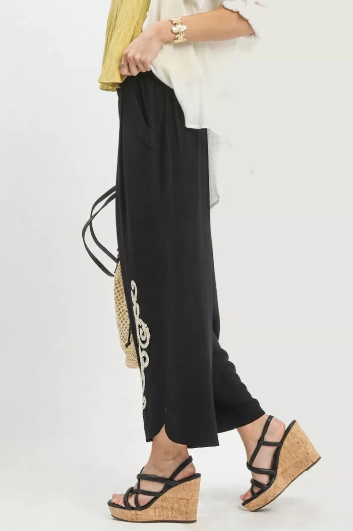 Linen Embroidered Wide - Leg Boho Pants