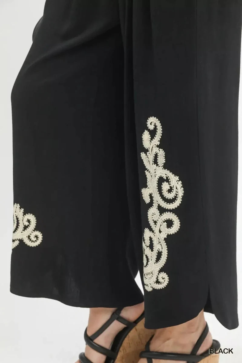 Linen Embroidered Wide - Leg Boho Pants