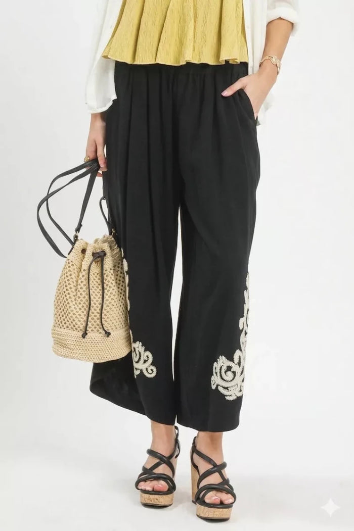 Linen Embroidered Wide - Leg Boho Pants