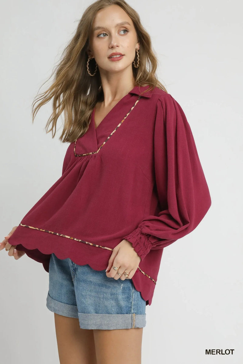 Linen Scallop Hem Blouse with Contrast Trim