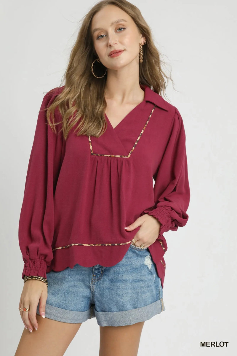 Linen Scallop Hem Blouse with Contrast Trim