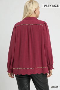 Linen Scallop Hem Blouse with Contrast Trim