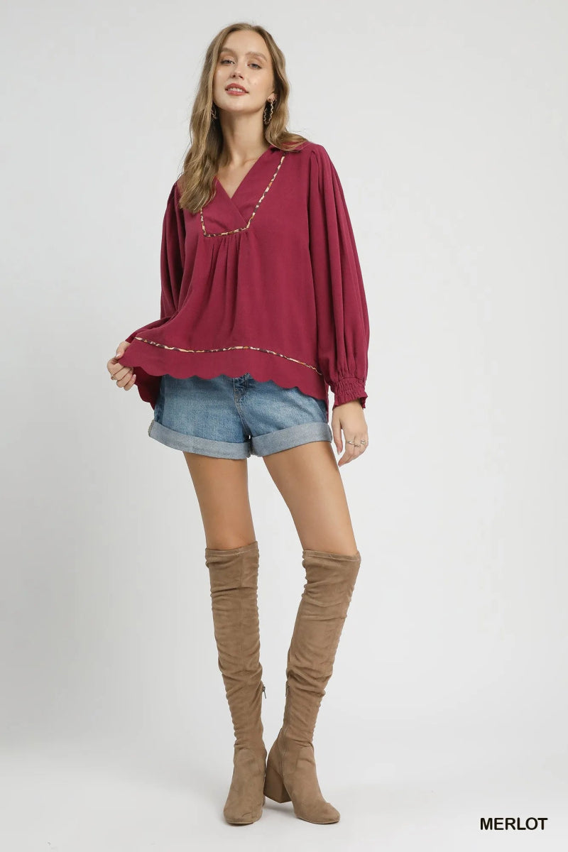 Linen Scallop Hem Blouse with Contrast Trim