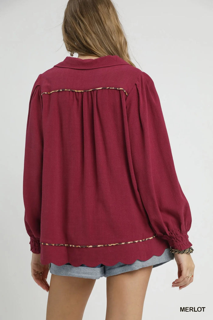 Linen Scallop Hem Blouse with Contrast Trim