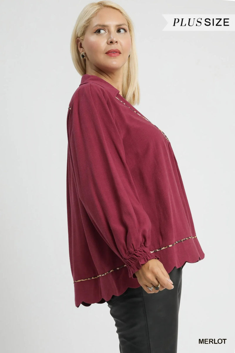 Linen Scallop Hem Blouse with Contrast Trim