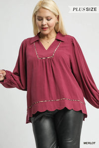 Linen Scallop Hem Blouse with Contrast Trim
