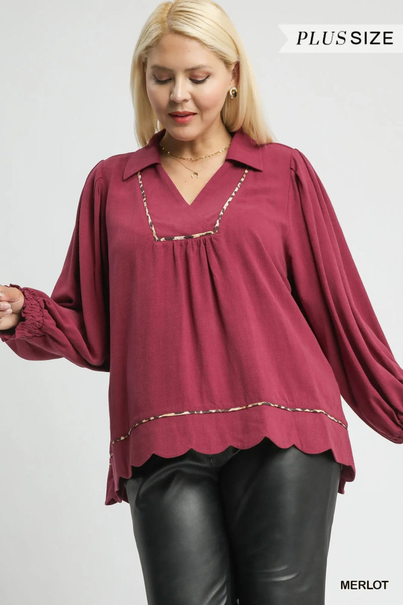 Linen Scallop Hem Blouse with Contrast Trim