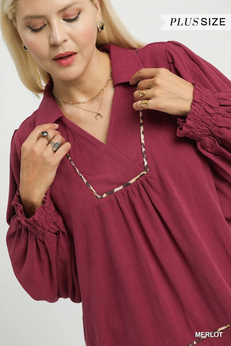 Linen Scallop Hem Blouse with Contrast Trim