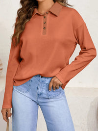 Long Sleeve Thermal Knit Polo Top - Two Colors