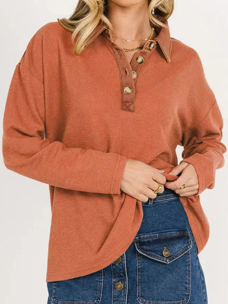 Long Sleeve Thermal Knit Polo Top - Two Colors