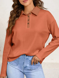 Long Sleeve Thermal Knit Polo Top - Two Colors