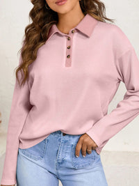 Long Sleeve Thermal Knit Polo Top - Two Colors