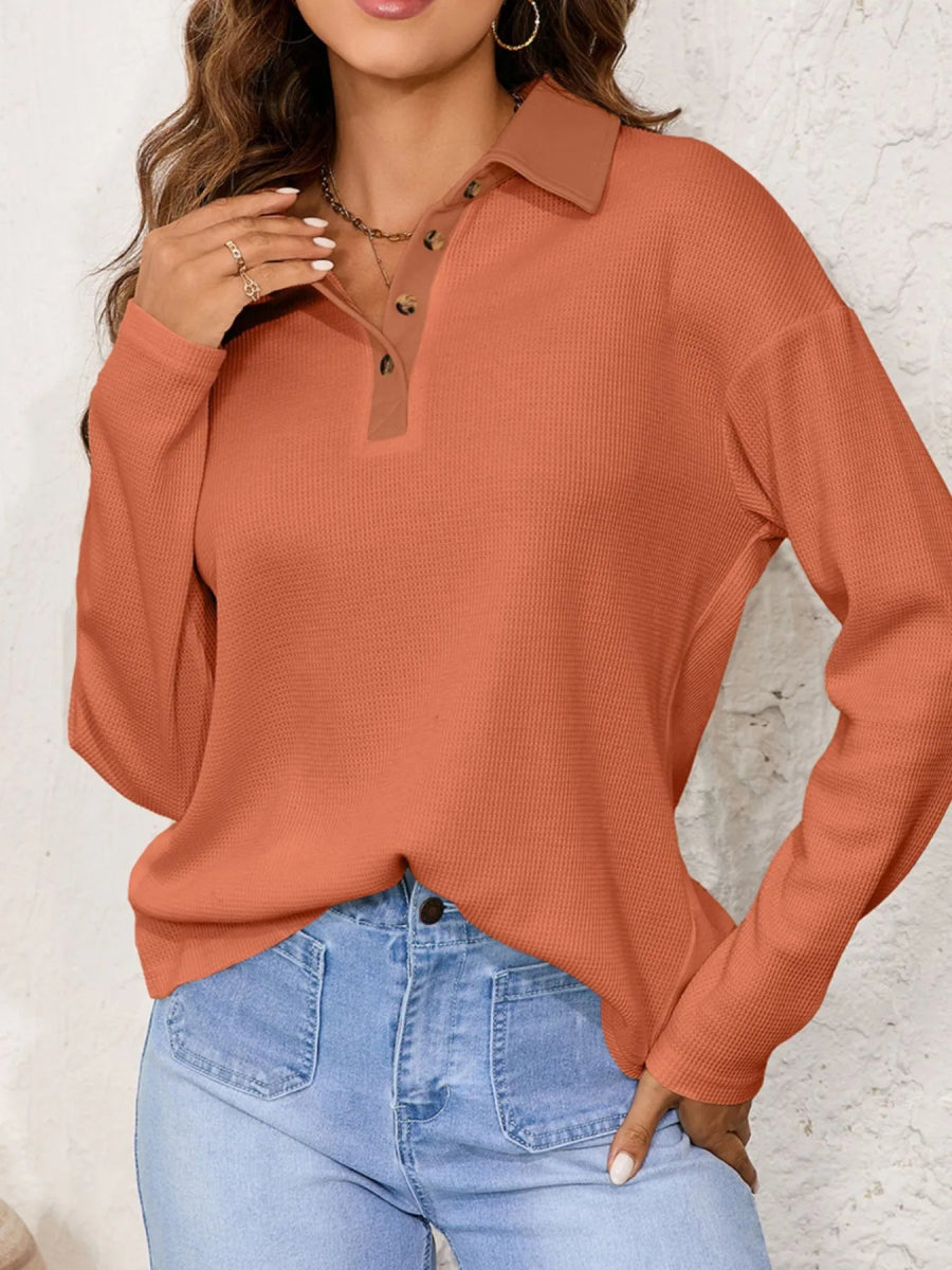 Long Sleeve Thermal Knit Polo Top - Two Colors
