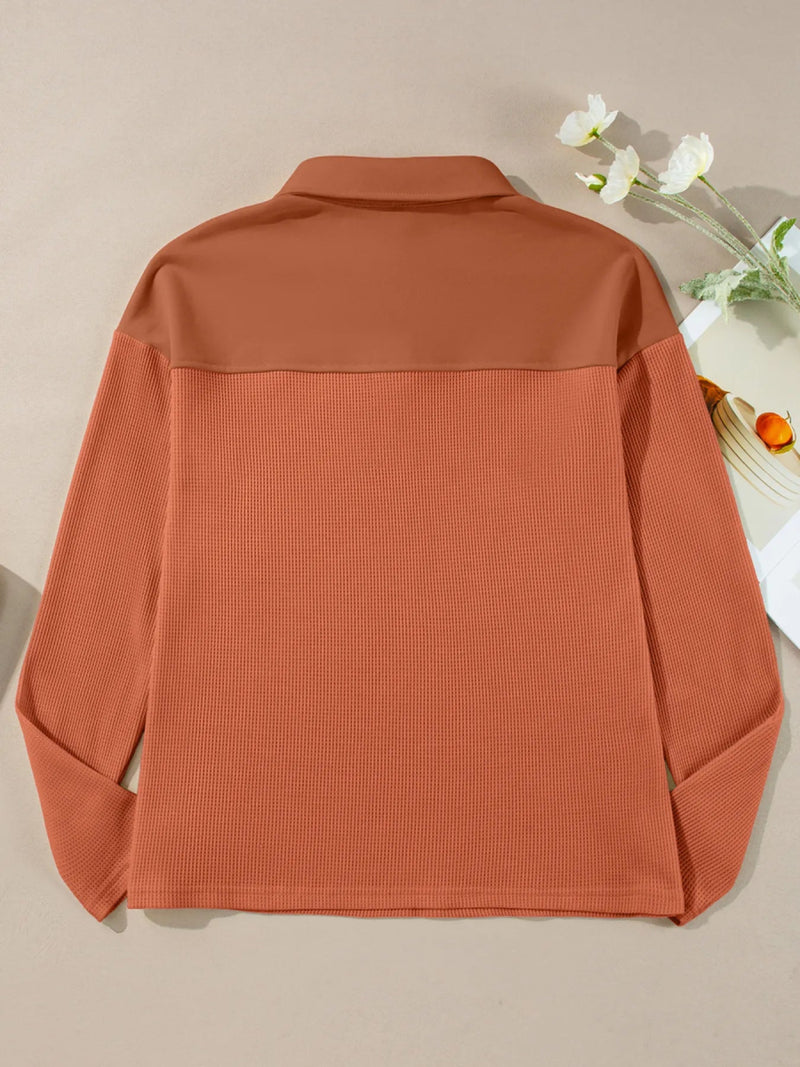 Long Sleeve Thermal Knit Polo Top - Two Colors