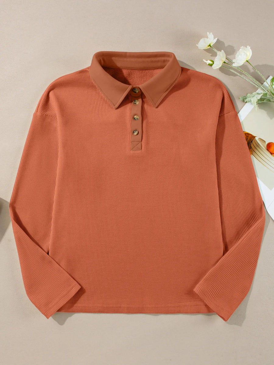 Long Sleeve Thermal Knit Polo Top - Two Colors