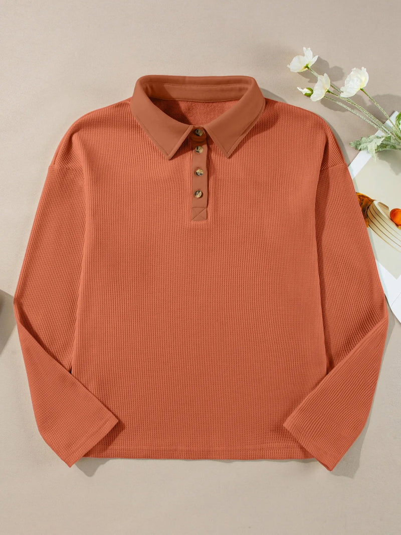 Long Sleeve Thermal Knit Polo Top - Two Colors
