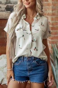 Mallard Printed Button Flap Pocket Short Sleeve Top