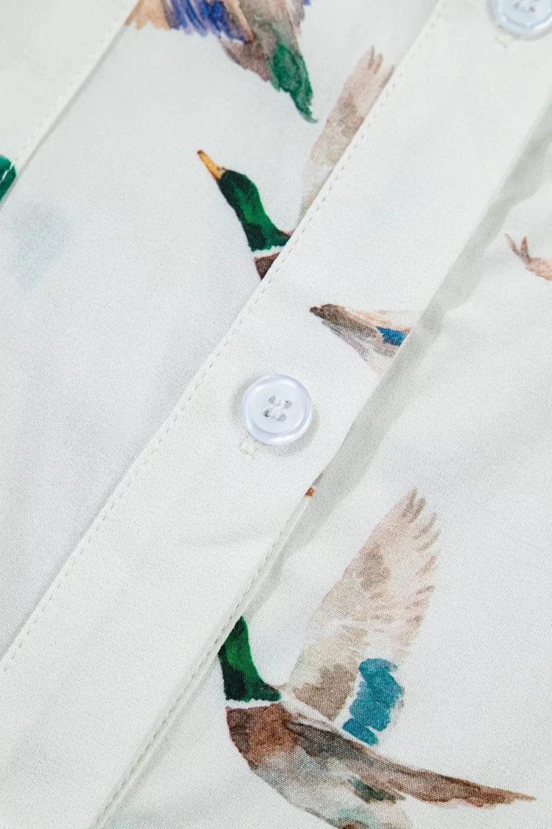 Mallard Printed Button Flap Pocket Short Sleeve Top