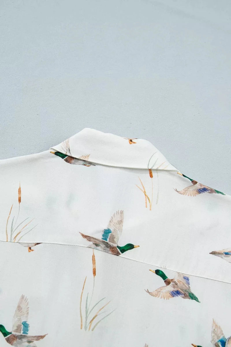 Mallard Printed Button Flap Pocket Short Sleeve Top