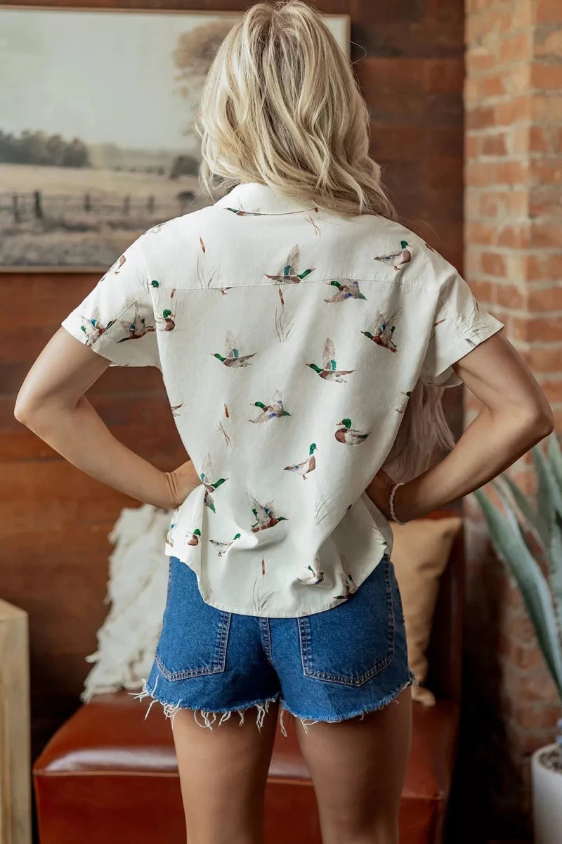 Mallard Printed Button Flap Pocket Short Sleeve Top