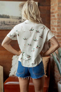 Mallard Printed Button Flap Pocket Short Sleeve Top