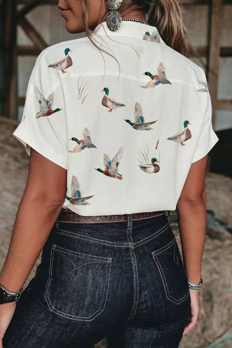 Mallard Printed Button Flap Pocket Short Sleeve Top