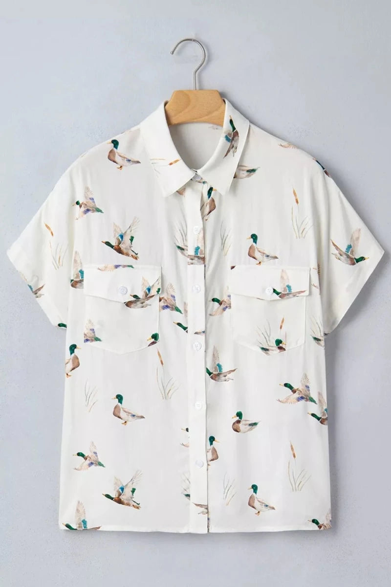 Mallard Printed Button Flap Pocket Short Sleeve Top