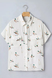 Mallard Printed Button Flap Pocket Short Sleeve Top