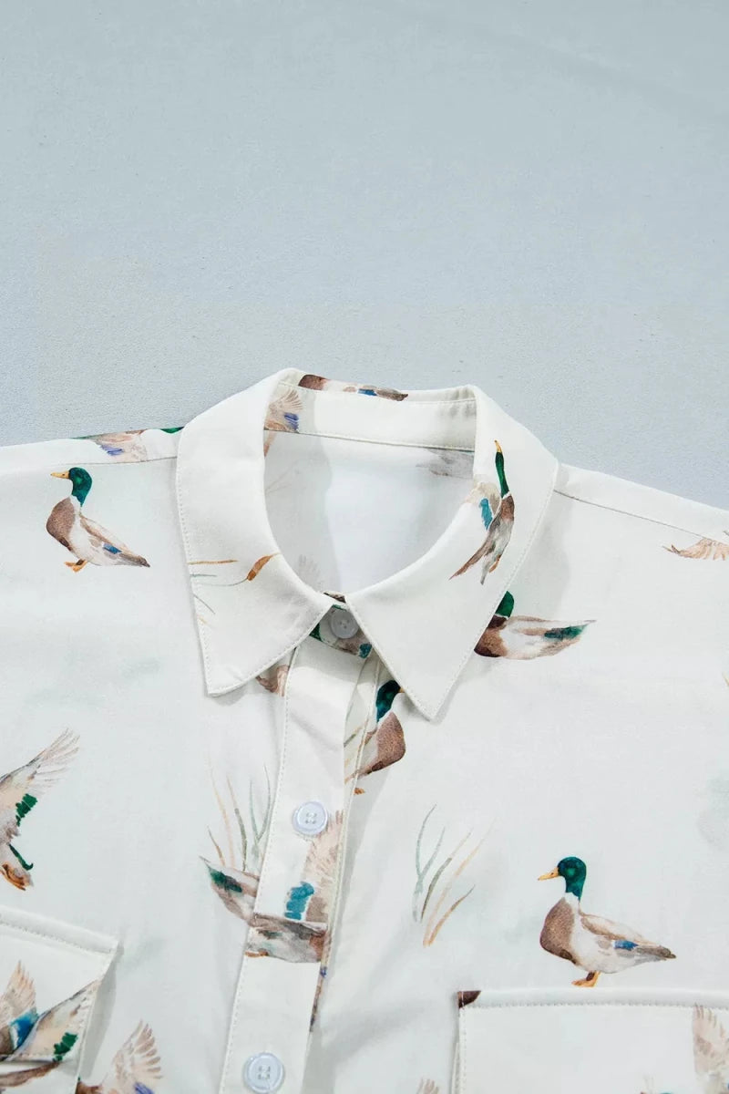 Mallard Printed Button Flap Pocket Short Sleeve Top