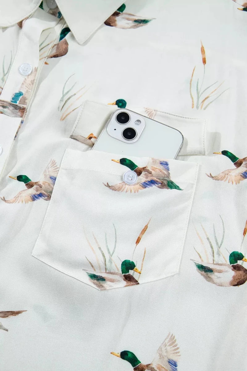 Mallard Printed Button Flap Pocket Short Sleeve Top