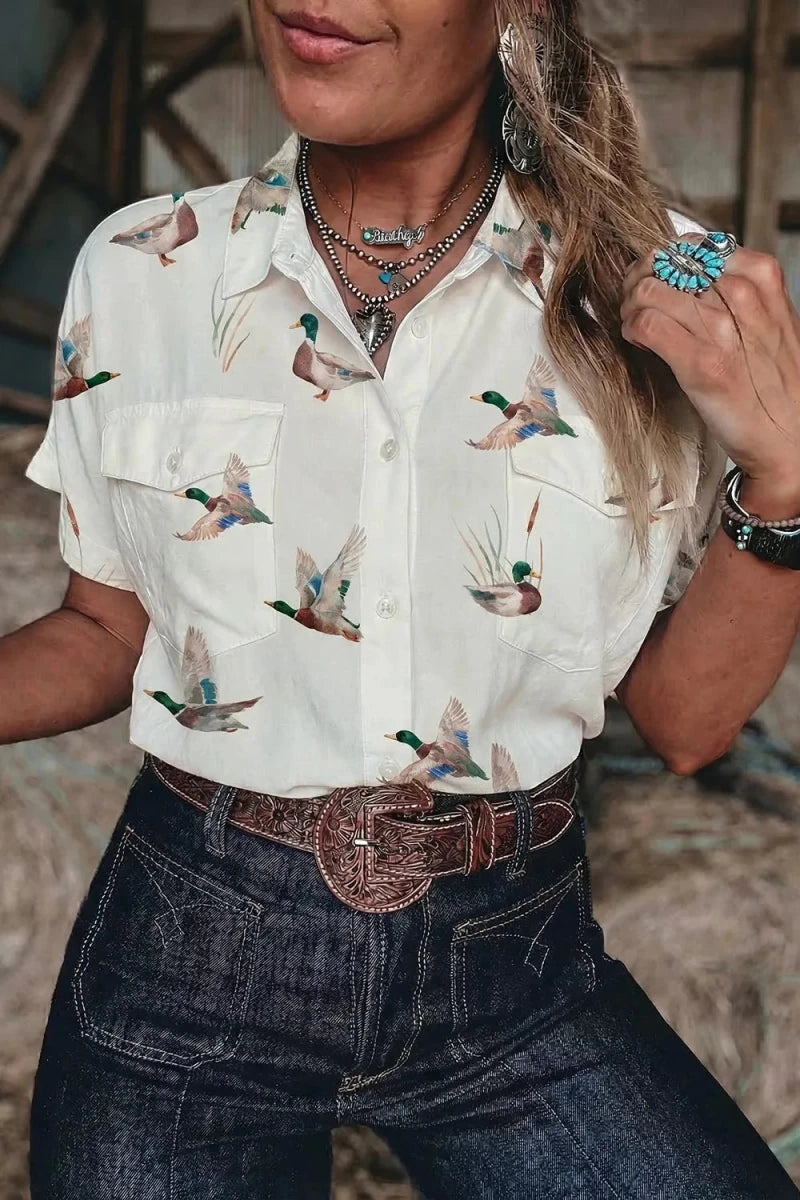 Mallard Printed Button Flap Pocket Short Sleeve Top