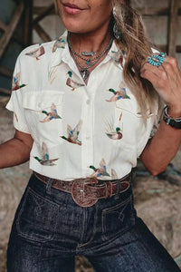 Mallard Printed Button Flap Pocket Short Sleeve Top