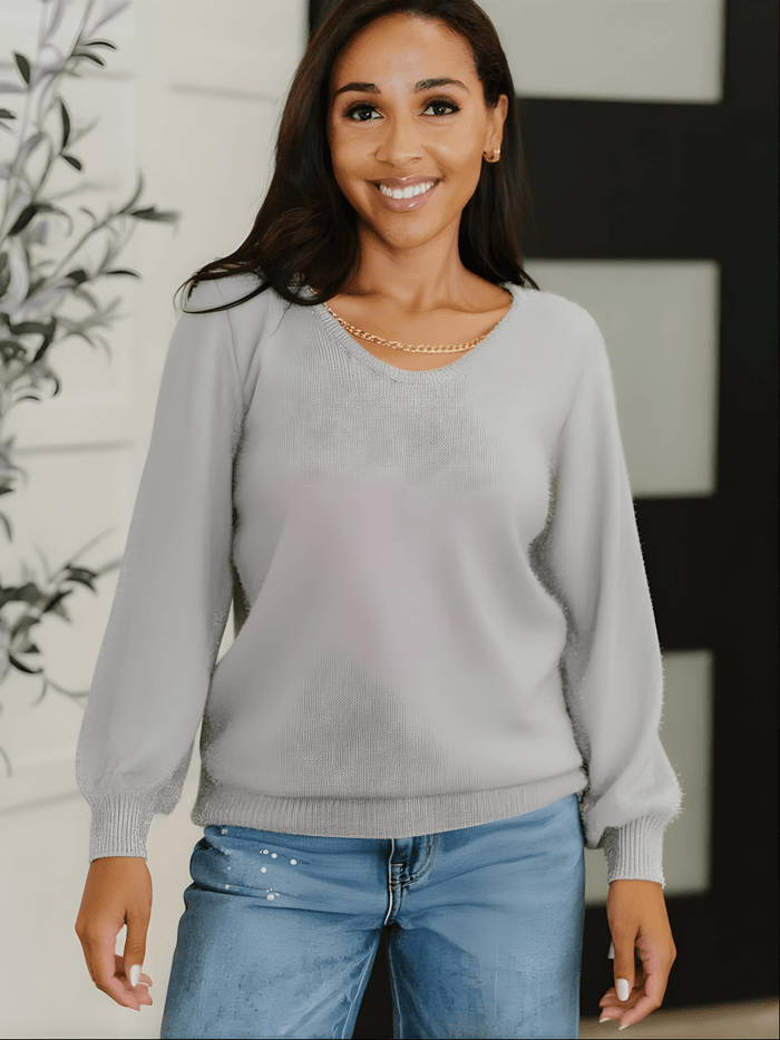 Metallic Round Neck Fuzzy Chain Sweater