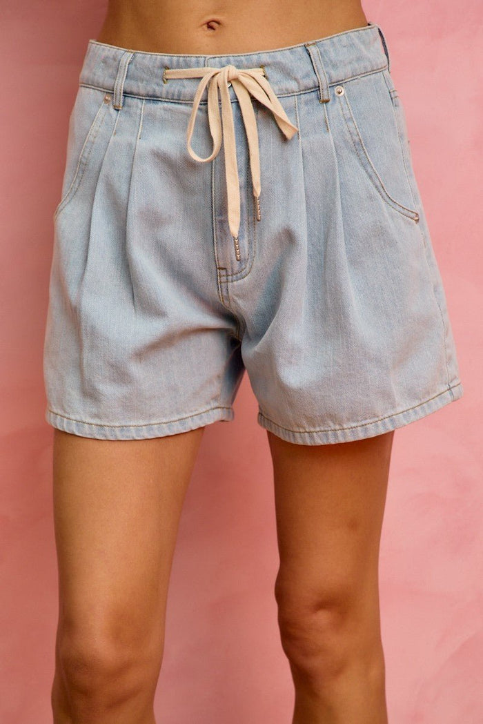 Mid Rise Denim Shorts With Cotton Tape Drawstring