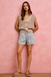 Mid Rise Denim Shorts With Cotton Tape Drawstring