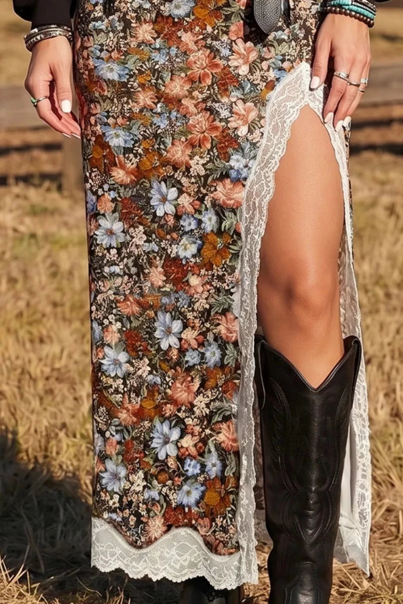 Multicolour Cheetah Print Split Long Western Skirt