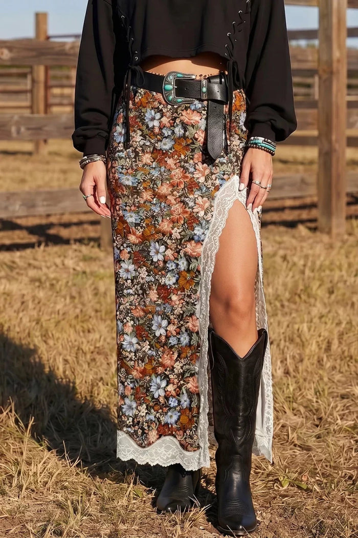 Multicolour Cheetah Print Split Long Western Skirt