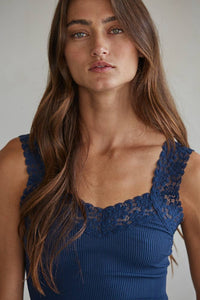 Navy Knit Seamless Ribbed Tank Top with Lace Trim