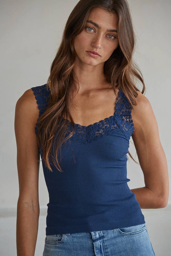 Navy Knit Seamless Ribbed Tank Top with Lace Trim