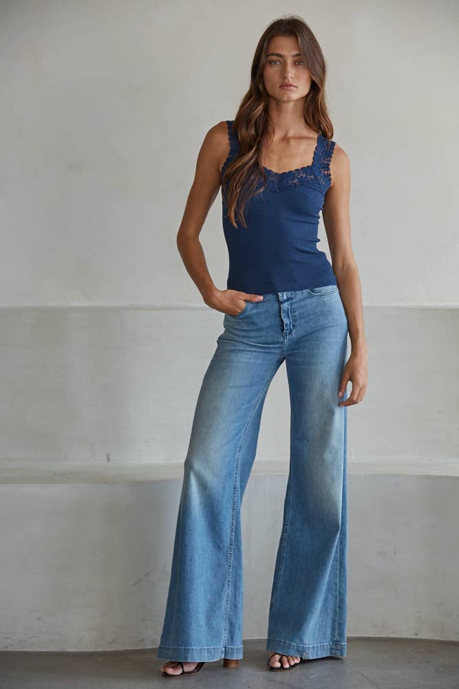 Navy Knit Seamless Ribbed Tank Top with Lace Trim