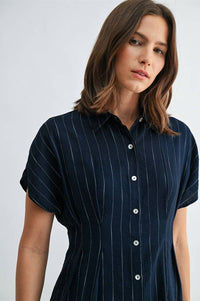 Navy Striped Pintuck Button Blouse