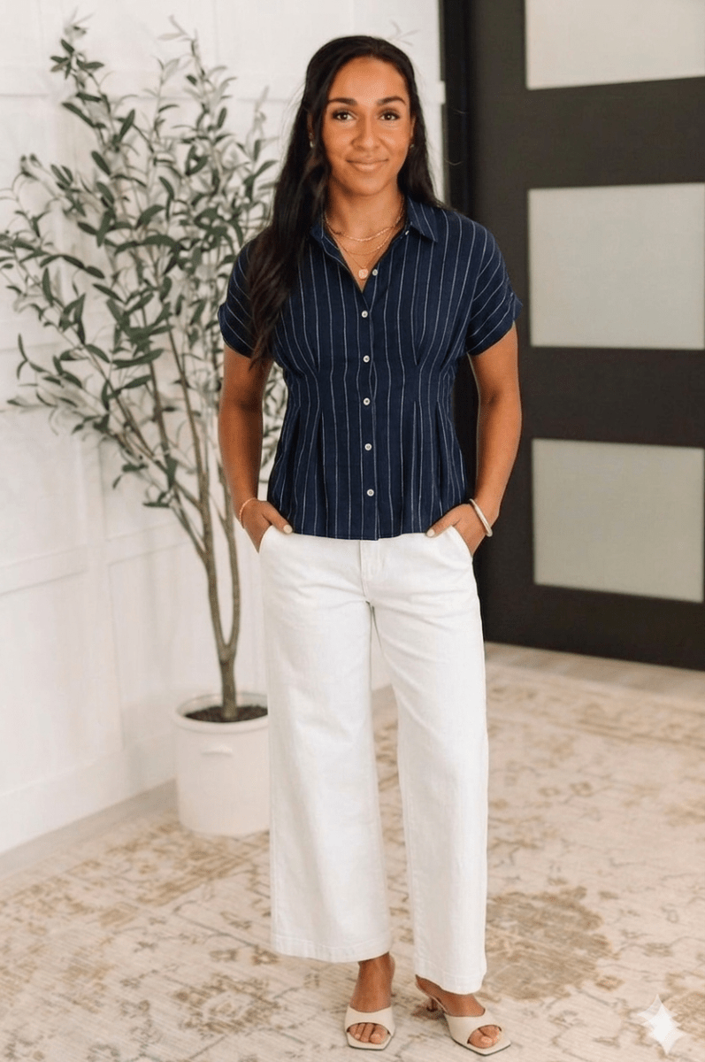 Navy Striped Pintuck Button Blouse