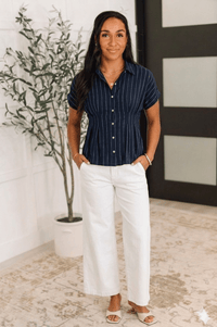 Navy Striped Pintuck Button Blouse
